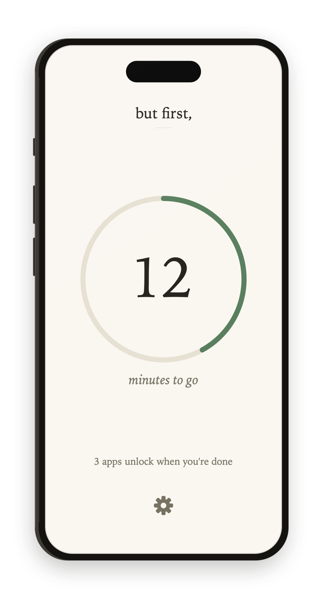 The But First home screen counting down 12 minutes to go.